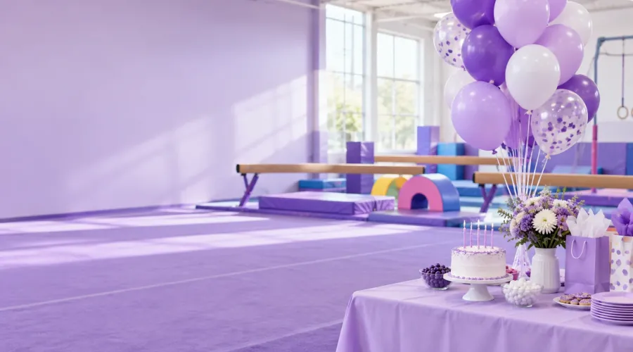 Purple balloons in a cheerful gymnastics party setting